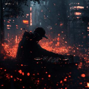 DJ playing in city red themed